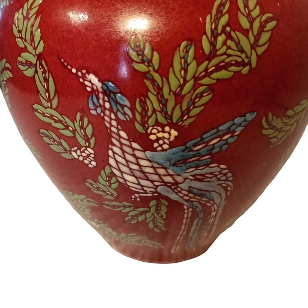 Andrea by Sadek VTG Red Violin Bird Greenery Pottery Vase 9.5